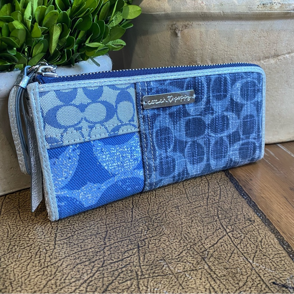 Coach Poppy Signature Blue Denim Full Zip Wallet - Picture 11 of 13
